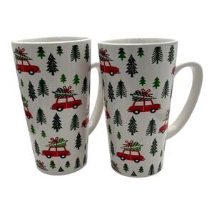 Red Cars Christmas Trees Holiday Hot Chocolate Mugs (2) Stoneware Tall 16oz EUC